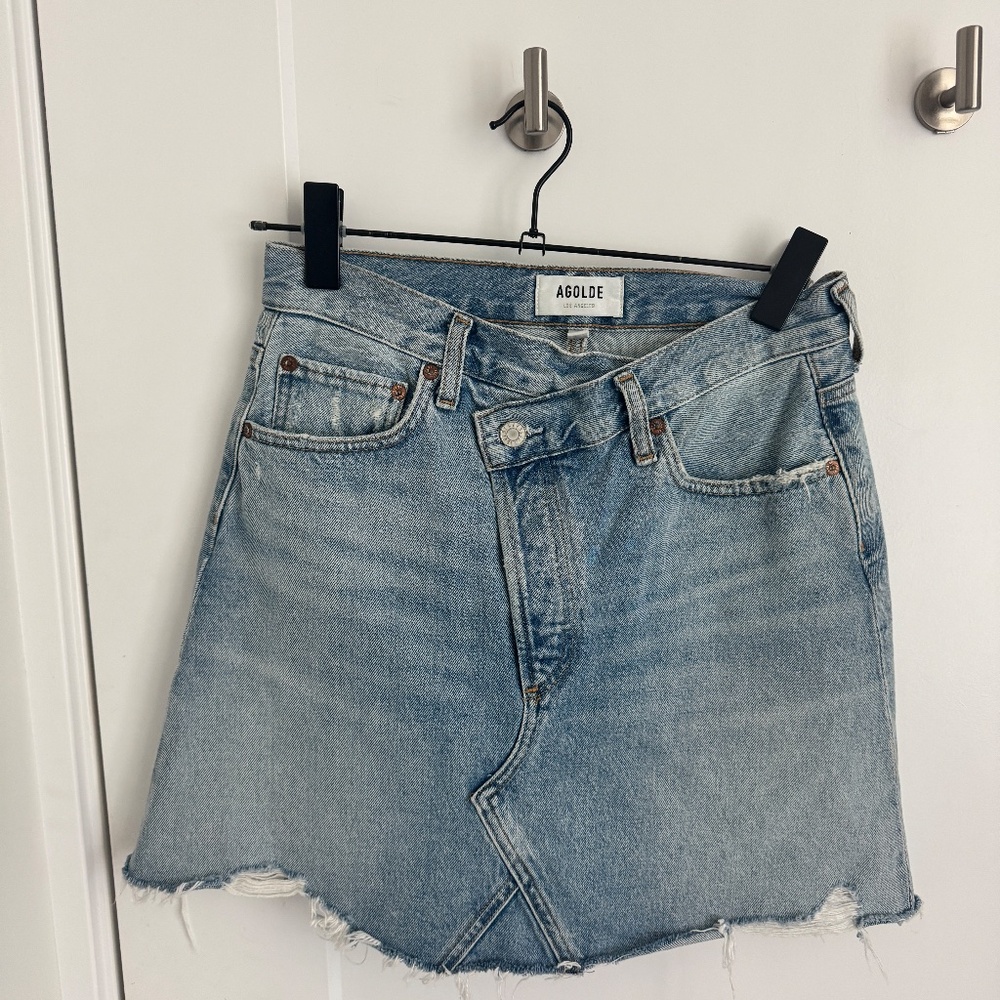 Agolde Criss Cross Buttonfly Distressed Denim Skirt Size 26 - Picture 3 of 9